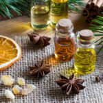 election of essential oils with star anise, clove, cinnamon sticks, frankincense resin, dried orange slices and fir and pine branches in the background