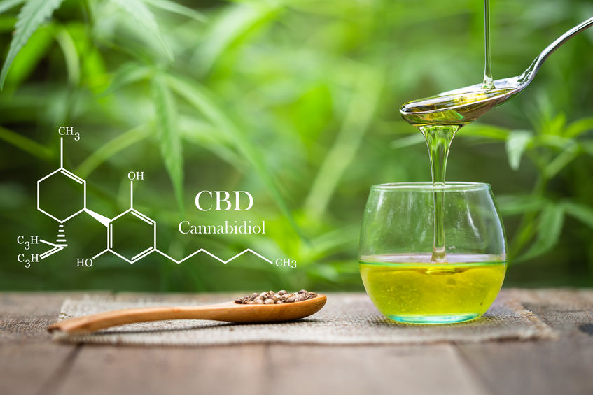 cannabinoids in marijuana CBD elements, Pouring hemp oil into glass