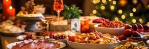 Christmas Dinner table full of dishes with food and snacks