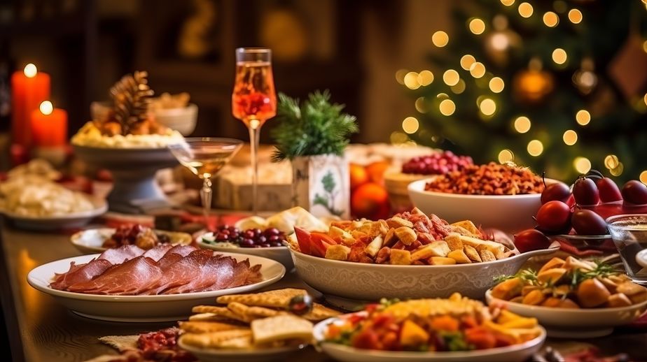 Christmas Dinner table full of dishes with food and snacks