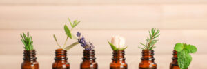 Glass bottles with different essential oils and herbs on wooden background