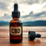 Amber glass bottle labeled "CBD" with a dropper, placed on a wooden surface outdoors with a blurred background.