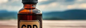 Amber glass bottle labeled "CBD" with a dropper, placed on a wooden surface outdoors with a blurred background.