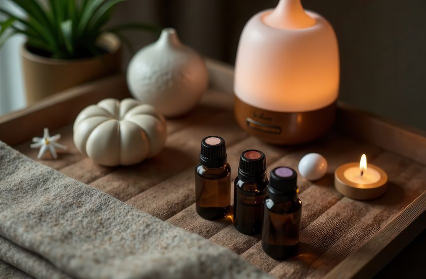 Aromatherapy setup with essential oils and diffuser in cozy zen atmosphere.