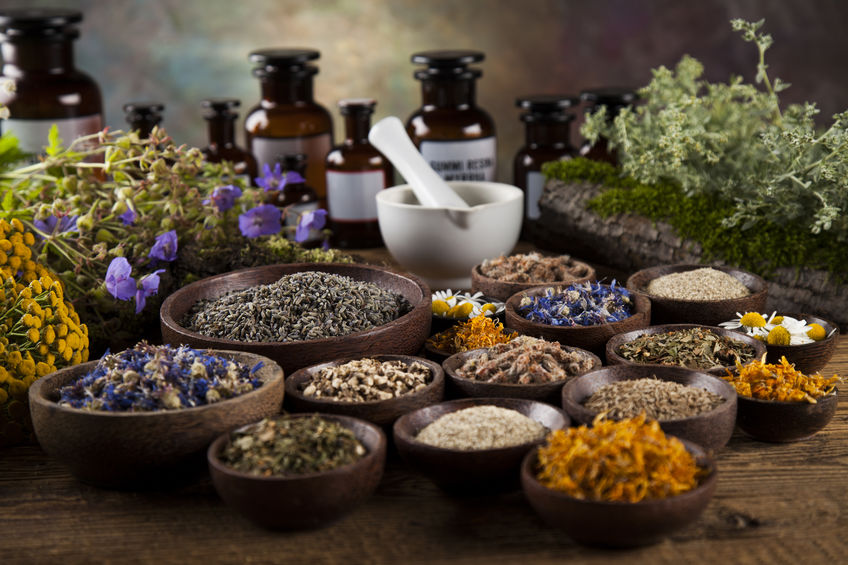 Natural medicine on wooden table background
