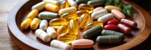 a collection of anti-inflammatory supplement pills on a tray, created with generative ai