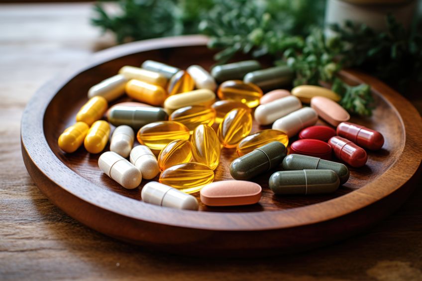 a collection of anti-inflammatory supplement pills on a tray, created with generative ai