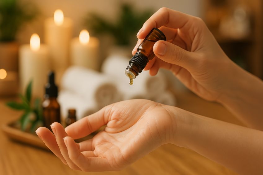 A person pours essential oil onto their hand as part of a soothing spa ritual. The warm candlelight and aromatic atmosphere create a tranquil ambiance for relaxation.