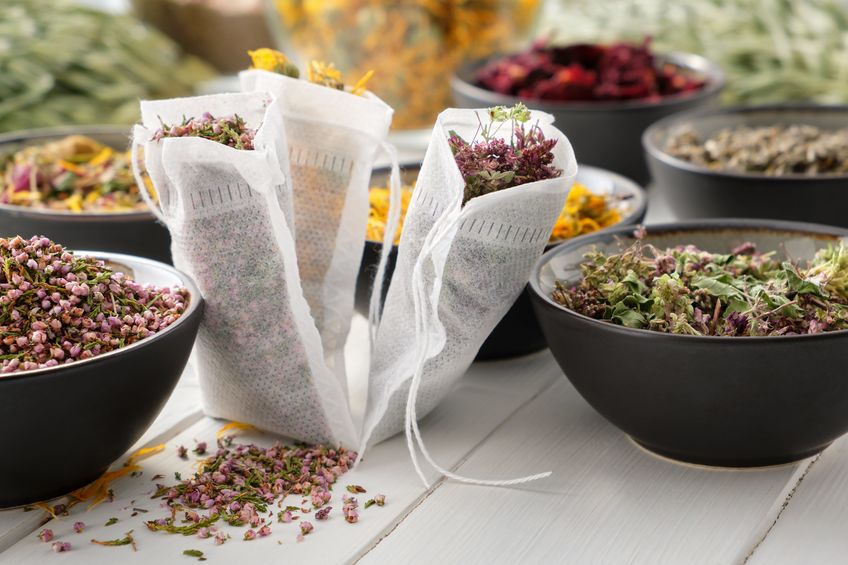 Filter tea bags filled with dry medicinal herbs